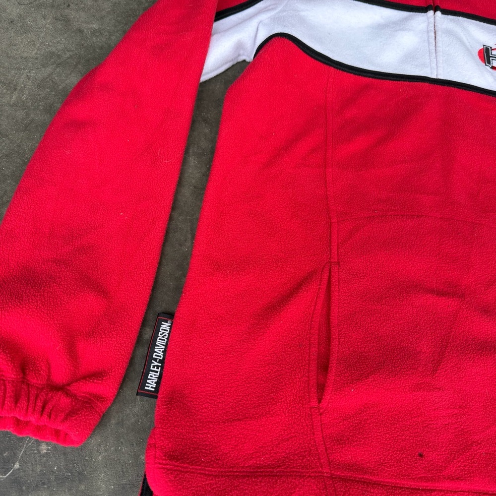 Harley Davidson Red Fleece Sweater White Stripe 1/4 Zip Embroidered Logo Women M - Picture 3 of 8